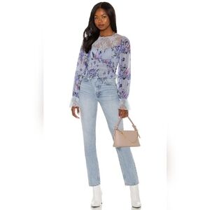 Free People Lace Sheer Smocked Crew Neck Keyhole Back Cropped Long Sleeve Top